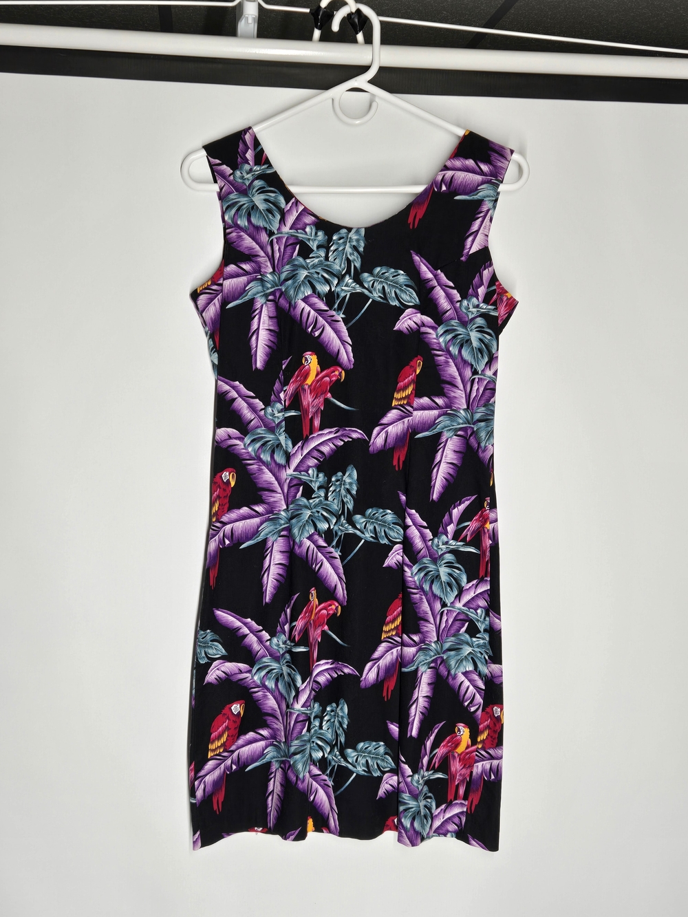 Tropical Parrot Print Midi Dress in Black & Purple